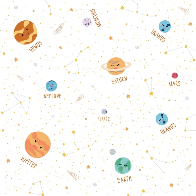 Seamless pattern with hand drawn space elements space planets stars planet constellations