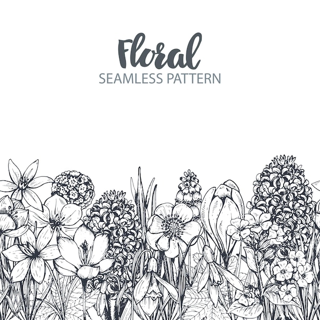 Seamless pattern with hand drawn spring flowers and plants in sketch style. Monochrome