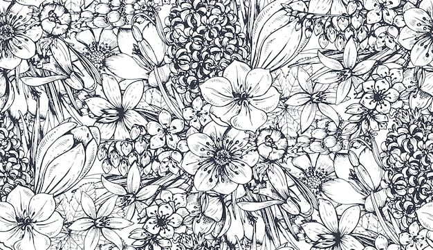 Seamless pattern with hand drawn spring flowers and plants in sketch style. Monochrome