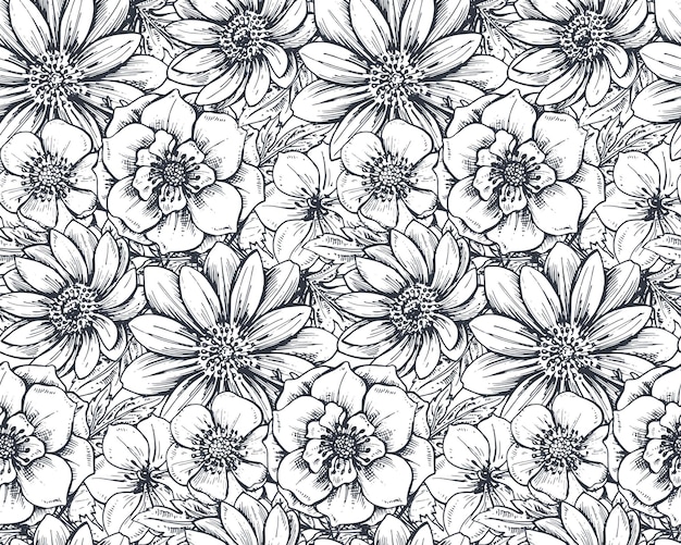 Seamless pattern with hand drawn spring flowers and plants in sketch style.