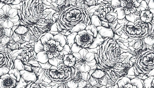 Seamless pattern with hand drawn spring flowers and plants in sketch style.