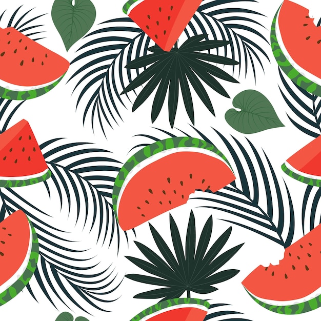 Seamless pattern with hand drawn tropical watermelon and palm leaves on white background