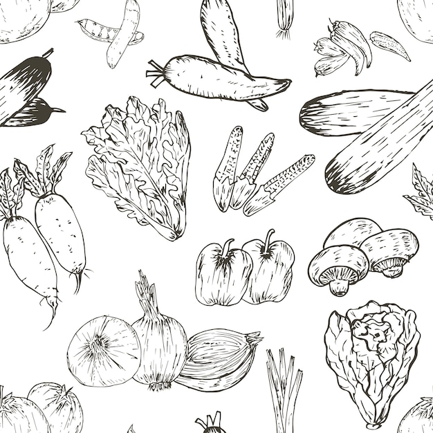 Seamless pattern with hand drawn vegetables background. Organic herbs and spices, Healthy food drawings pattern vector illustration.