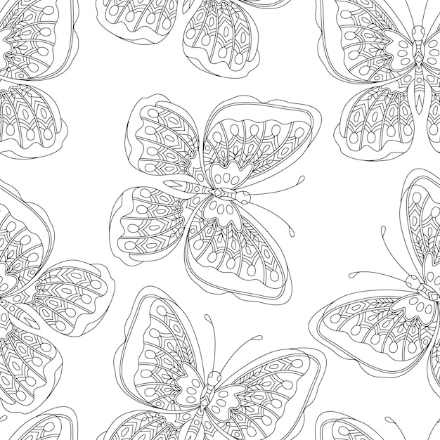 Seamless pattern with hand drawn white and black butterfly in zentangle style