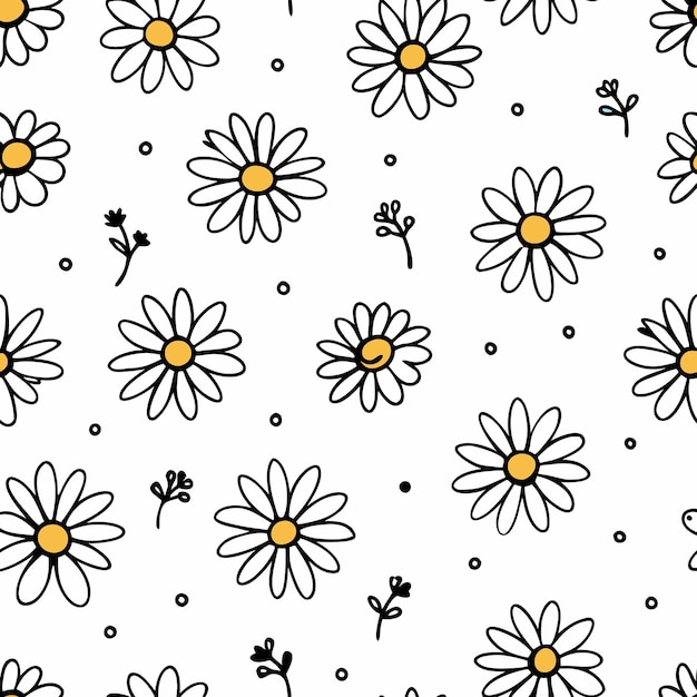 Seamless pattern with hand drawn white daisies with yellow centers and small sprigs on a white background