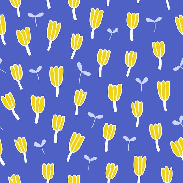 Seamless pattern with hand drawn yellow flowers on blue background. Simple design for textile