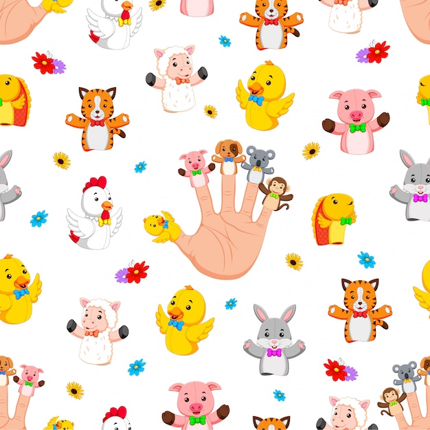 Seamless pattern with Hand wearing cute finger puppets