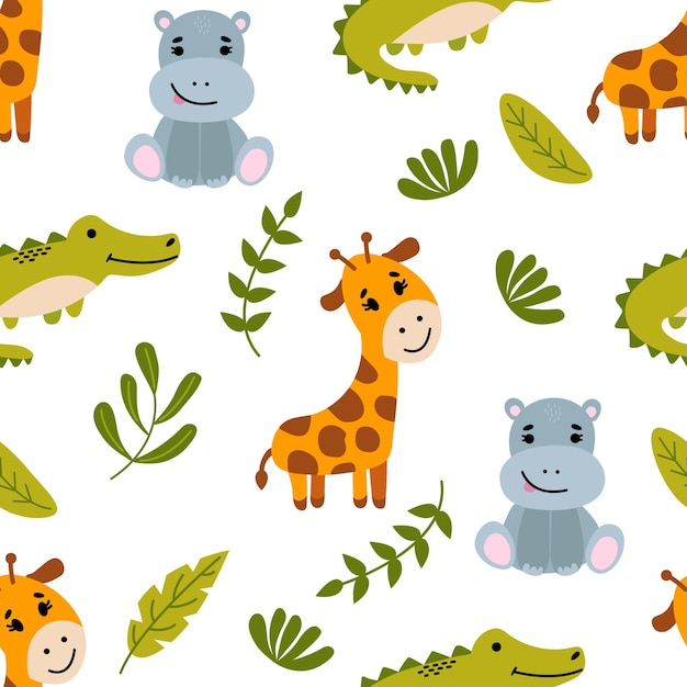 Seamless pattern with handdrawn animals Giraffe hippo and crocodile Flat style