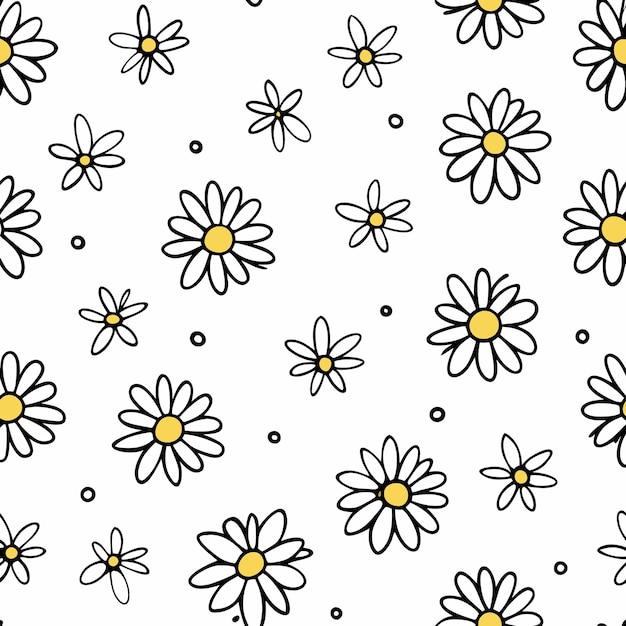 Vector seamless pattern with handdrawn daisies on white background