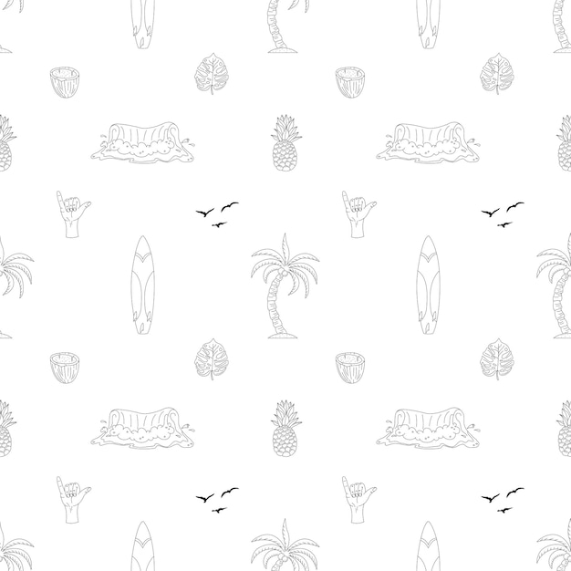 Seamless pattern with handdrawn elements with a surf theme Wave surf palm trees and more