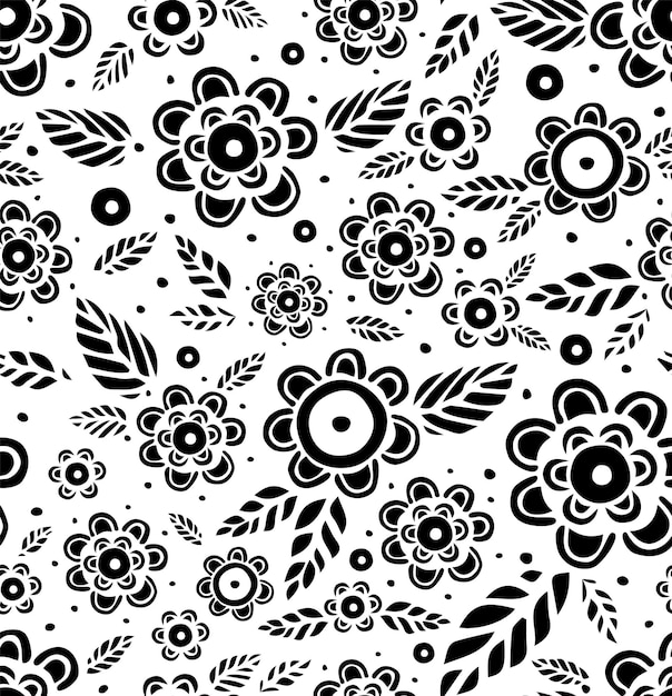 Seamless pattern with handdrawn flowers and leaves Vector illustration Transparent background