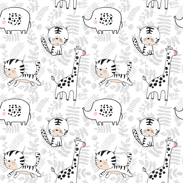 Seamless pattern with handdrawn tiger elephant giraffe and plants Vector illustration