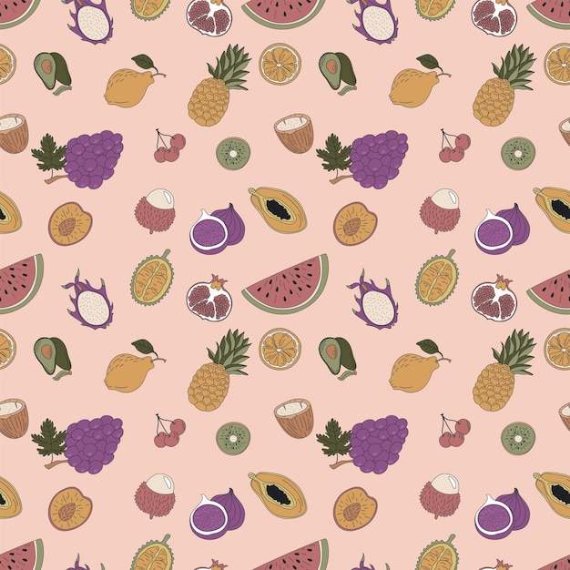 Seamless pattern with handdrawn tropical fruits Grapes watermelon dragon fruit and others