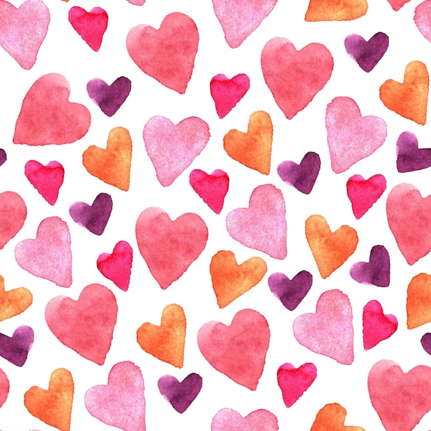 Seamless pattern with handdrawn watercolor hearts on a white background Valentine's day texture