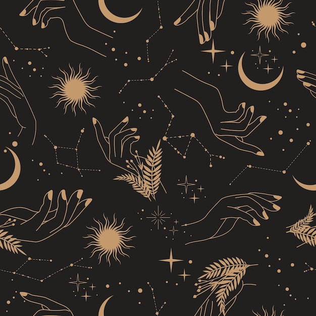 Seamless pattern with hands Witch hands moon sun Mystical pattern