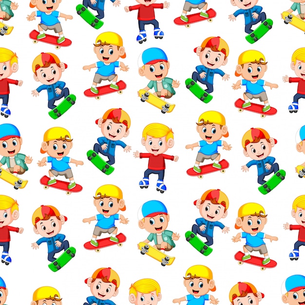 Vector seamless pattern with happy boys playing skateboard