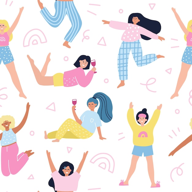 Seamless pattern with happy girls in pajamas. HAnd drawn vector illustration. Cute pattern for wrapping, textile, sleepover party concept.