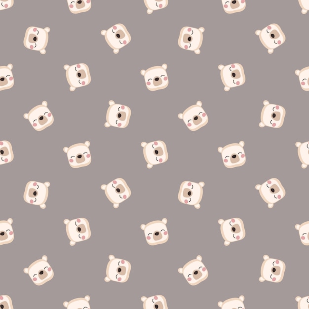 Seamless pattern with head of cute polar bear in childish style with smile muzzle and eyes Funny print of white animal with happy face on brown background Vector flat illustration for holidays