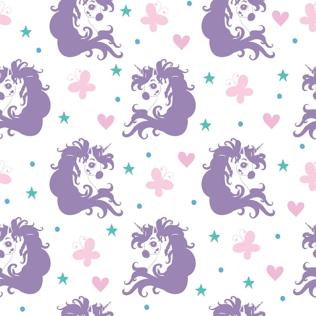 Seamless pattern with heads of unicorns and hearts white vector