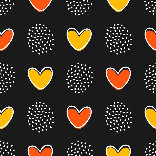 Seamless pattern with heart and dots with black background