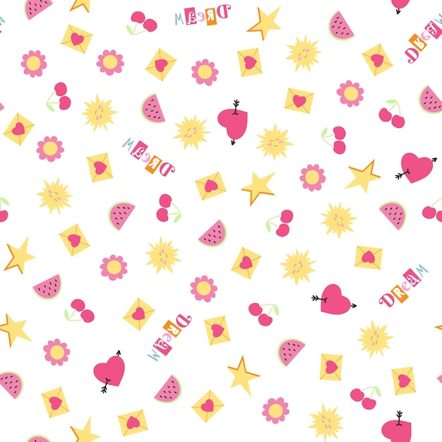 Seamless pattern with heart love letter cherry sun watermelon flower in 1990s style Vector retro background with pop girly stickers in pink and yellow colors