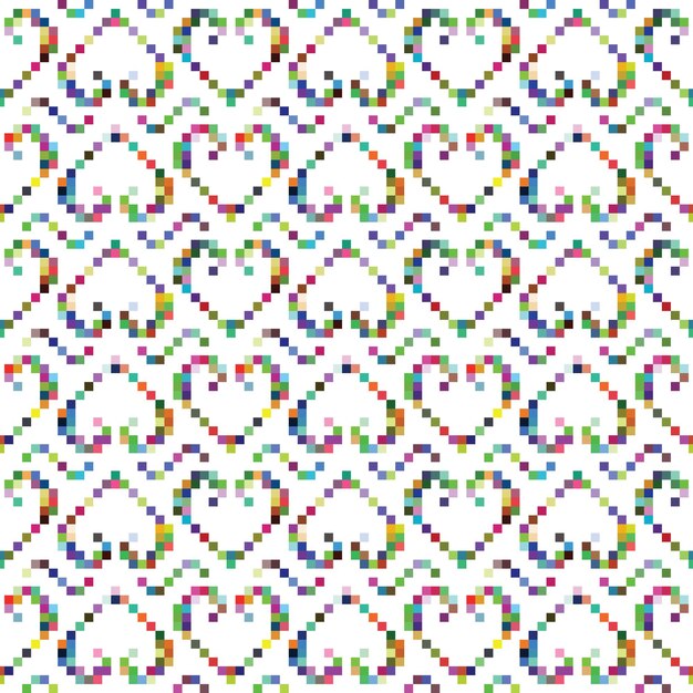 Seamless pattern with heart shape and swirls of rainbow colored squares or pixels