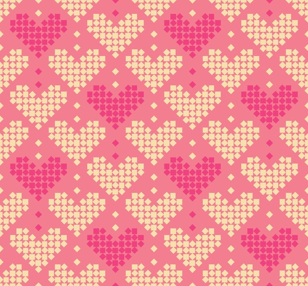 Seamless pattern with heart shape and swirls of squares or pixels