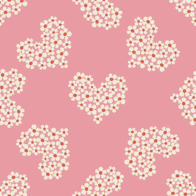 Seamless pattern with heart shape with flowers of daisy flowers in Groovy style on a pink background