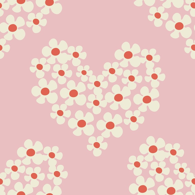 Seamless pattern with heart shape with flowers in Groovy style on a pink background