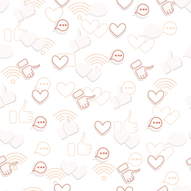 Seamless pattern with hearts likes thumbs up social media platform flat vector illustration on white background