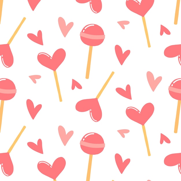 Seamless pattern with hearts and lollipops Print by February 14th Vector illustration Cartoon style Romantic pattern