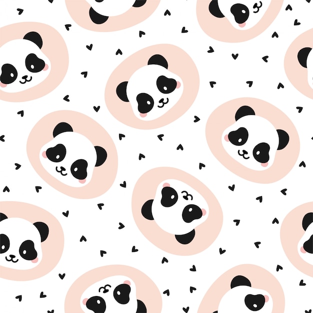 Seamless pattern with hearts and panda bears