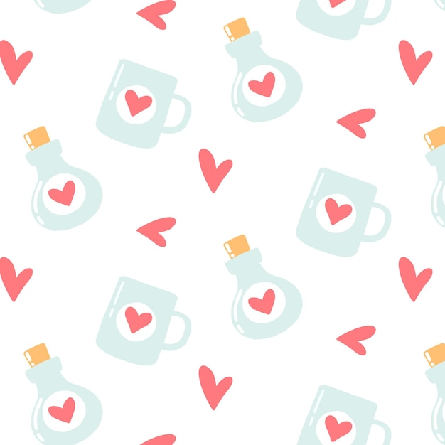 Seamless pattern with hearts and potion flask Cartoon style Romantic patternVector illustration