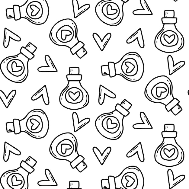 Seamless pattern with hearts and potion flask Doodle style Romantic patternVector illustration