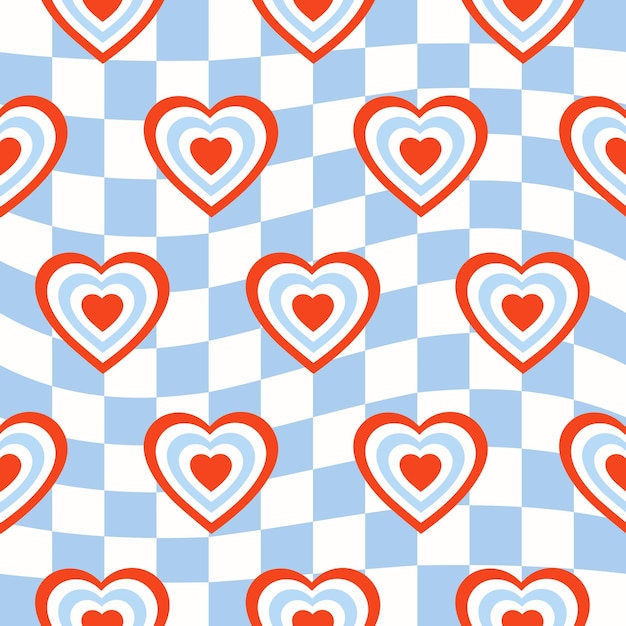 Seamless pattern with hearts shaped tunnel on a blue checkered background