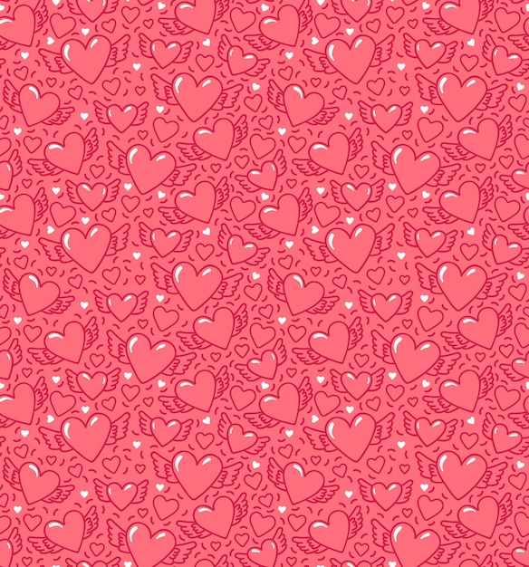 Seamless pattern with hearts and wings. Winged hearts on pink background. Pattern for St. Valentine.