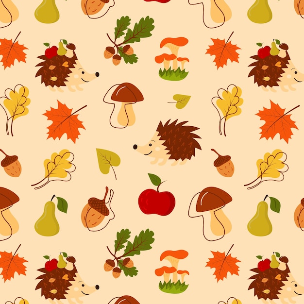 Seamless pattern with hedgehog acorns pear mushrooms apple and autumn leaves