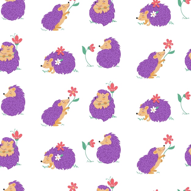 Seamless pattern with hedgehogs and flowers. Cartoon-style illustration with cute characters on a white background. Vector