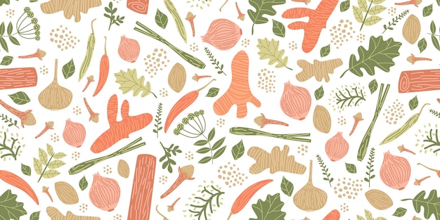 Seamless pattern with herbs and spices hand drawn