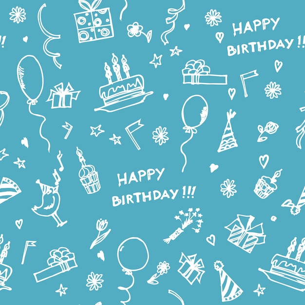 Seamless pattern with holiday objects Cute birthday print Hand drawn birthday seamless pattern