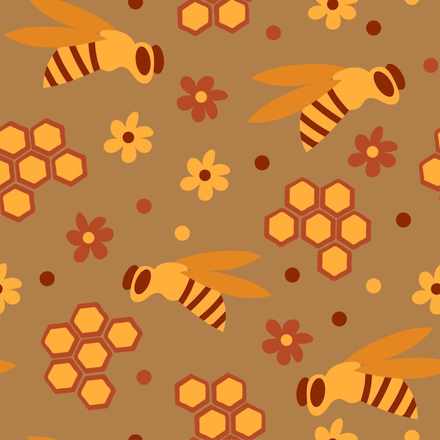 Vector seamless pattern with honey bees in a honeycomb - funny cute patern in cartoon style