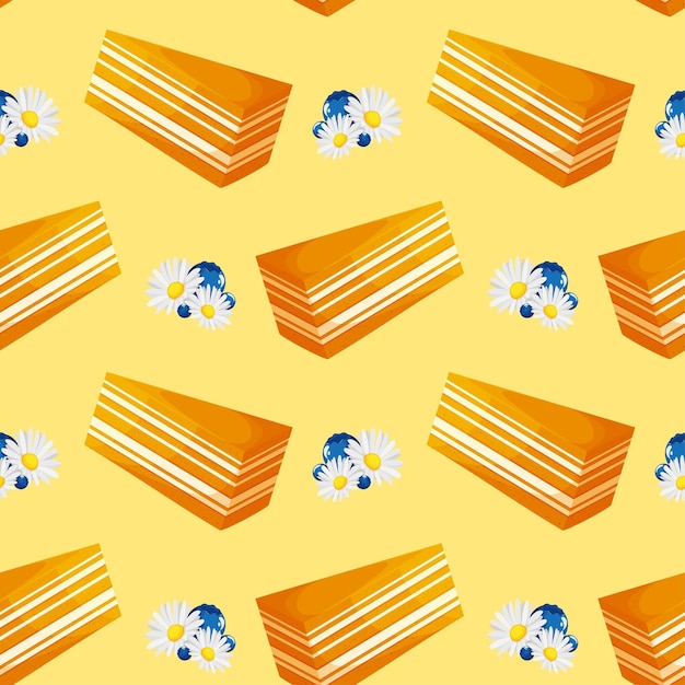 Seamless pattern with honey with blueberries and daisies. Sweet honey cake. Pattern for packaging sw