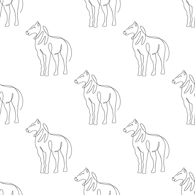 Seamless pattern with horses illustration in line art style on white background