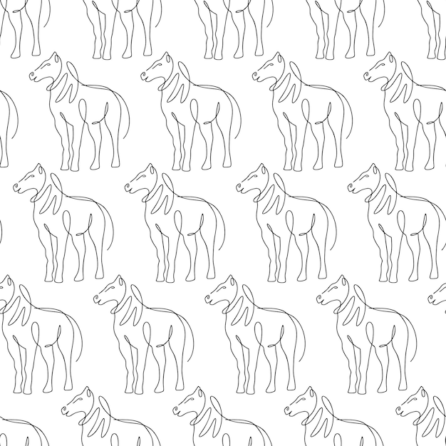 Seamless pattern with horses illustration in line art style on white background