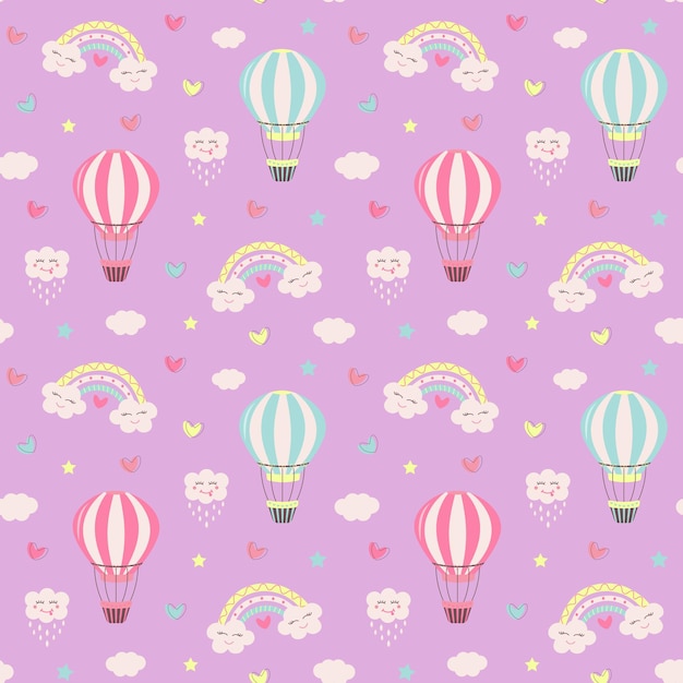 Seamless pattern with hot air balloon kawaii rainbows clouds stars and hearts Hand drawn pattern