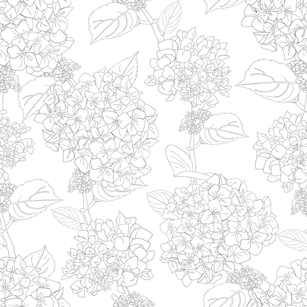 Seamless pattern with hydrangea flowers and leaves Black and white