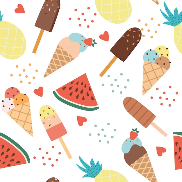 Seamless pattern with ice cream watermelon pineapple on white background