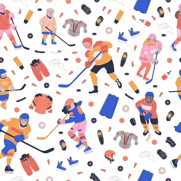 Seamless pattern with ice hockey game equipment