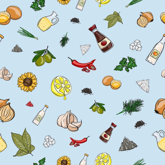 Seamless pattern with illustration of colored vegetables food and cooking ingredients