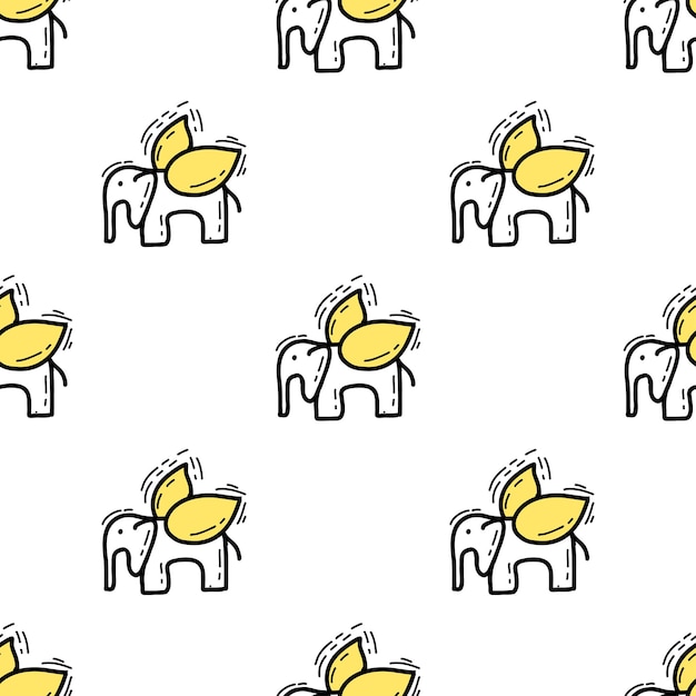 Seamless pattern with Illustration elephant with wings a doodle style